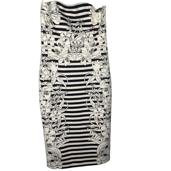 NWT EXPRESS Strapless Dress Pencil Stripe Floral Zip Stretch Women 8 Black White - Picture 1 of 14